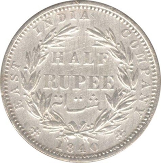 Victoria Queen. Silver. 1/2 Rupee. 1840. Divided Legend. 'S.W.W'. 12+12 Berries. XF. Rare.