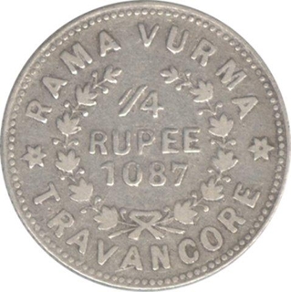 Travancore, Rama Varma VI, Silver 1/4 Rupee 1087, Scarce Year, KM 35.2, About Fine.