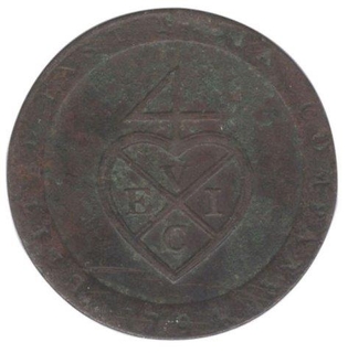 Copper One Ninetysixth  Rupee Coin of Madras Presidency of 1794.