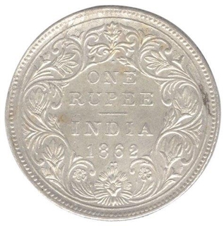 Silver One Rupee Coin of Victoria Queen of Bombay Mint of 1862.