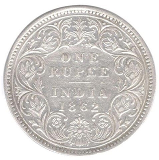 Silver One Rupee Coin of Victoria Queen of Bombay Mint of 1862.