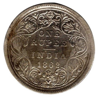 Silver One Rupee Coin of Victoria Queen of Bombay Mint of 1862.