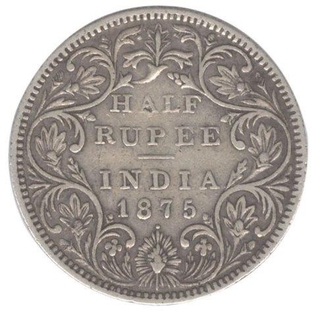 Silver Half Rupee Coin of Victoria Queen of  Bombay Mint of  1875.