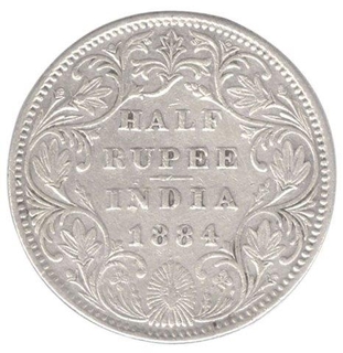 Silver Half Rupee Coin of Victoria Empress of Bombay Mint of 1884.