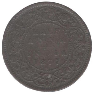 Copper Half Anna Coin of Victoria Empress of Calcutta Mint of 1877.