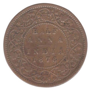 Copper Half Anna Coin of Victoria Queen of  Calcutta Mint of 1876.