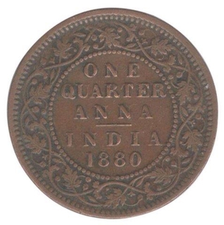 Copper Quarter Anna Coin of Victoria Empress of Calcutta Mint of 1880.