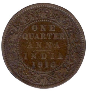 Bronze Quarter Anna Coin of  King George V of Calcutta Mint  1916.