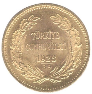 Gold Hundred  Piasters Coin of  Ankara of Turkey of 1928.