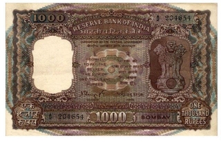 Thousand Rupees Bank Note of Signed by  N C Sengupta of  Bombay of Republic INDIA.