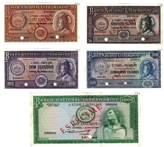 set of 5 Notes of St. Thomas and Principe Island. Specimen.