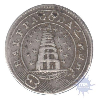 Half Pagoda, Silver, 2nd issue, 1808, value in English and Persian on ribbon around Gopuram with 9 Stars at both the sides of the Gopuram on obv.; value in Tamil and Telugu around Vishnu on rev., no date, oblique milling, Two holes on the top which seems that it was used as Jewellery in those days w