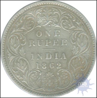 Silver One Rupee Coin of Victoria Empress of Bombay Mint of 1862.