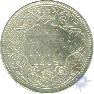 Silver One Rupee Coin of Victoria Empress of Bombay Mint of 1862.