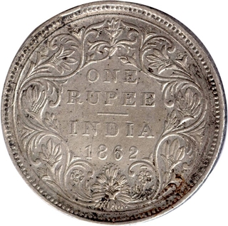 Silver One Rupee Coin of Victoria Queen of Bombay Mint of 1862.