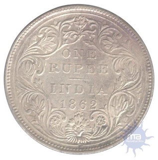 Silver One Rupee Coin of Victoria Empress of Bombay Mint of 1862.