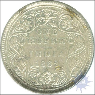 Silver One Rupee Coin of Victoria Empress of Bombay Mint of 1862.