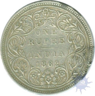 Silver One Rupee Coin of Victoria Empress of Bombay Mint of 1862.