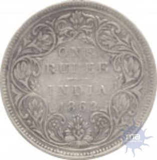 Silver One Rupee Coin of Victoria Empress of Bombay Mint of 1862.