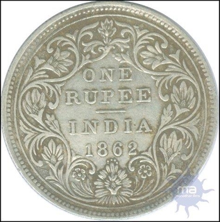 Silver One Rupee Coin of Victoria Queen of Bombay Mint of 1862.