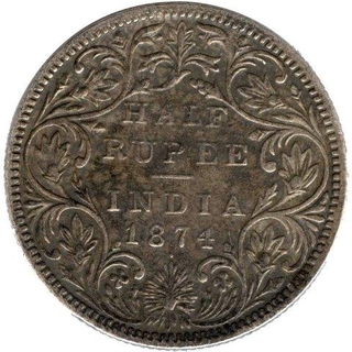 Silver Half Rupee of Victoria Queen of Bombay Mint of 1874.