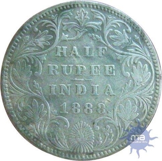 Silver Half Rupee Coin of Victoria Empress of Bombay Mint of 1888.