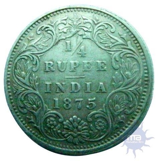 Silver Quarter Rupee Coin of Victoria Queen of Bombay Mint of 1875.