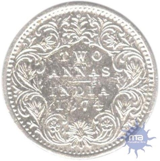 Silver Two Anna Coin of Victoria Queen of Bombay Mint of 1874.