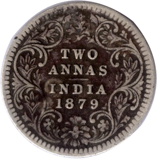 Silver Two Anna Coin of Victoria Empress of Bombay Mint of 1879.