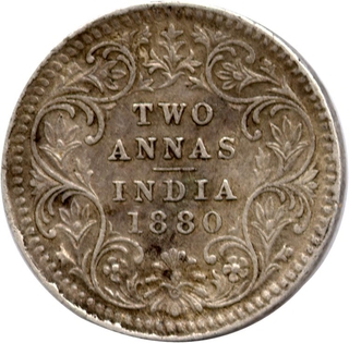 Silver Two Anna Coin of Victoria Empress of Calcutta Mint of 1880.