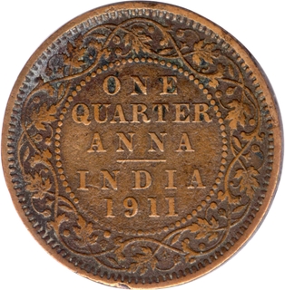 Copper Quarter Anna of King George V of Calcutta Mint of 1911.