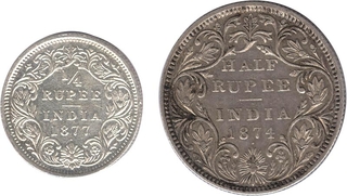 Silver Half and Quarter Rupees of Bombay Mint of 1874 and 1877.