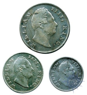 Silver One Rupee Half Rupee and One Fourth Rupee of King William IIII of 1835.