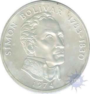 Twenty Balboas of  Proof Coin of Panama Simon Bolivar of Franklin Mint of 1974.