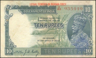 Ten Rupees Note of King George V of 1937 signed by J.W. Kelly of Burma Issue.