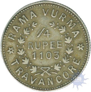 Silver One Fourth Rupee of Travancore of Rama Varma VI.