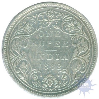 Silver One Rupee Coin of Victoria Queen of Bombay Mint of 1862.