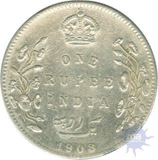 Silver One Rupee Coin of King Edward VII of Calcutta Mint of 1908.