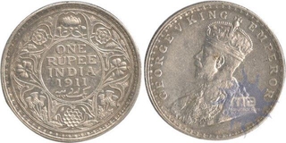 Silver One Rupee Coin of King George V of Bombay and Calcutta Mint of 1911.