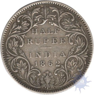 Silver Half Rupee Coin of Victoria Queen Mint of 1862.