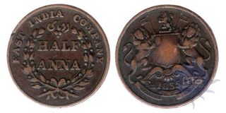 Copper Half Anna of  E.I.C of  Calcutta and Bombay Mint of 1835.