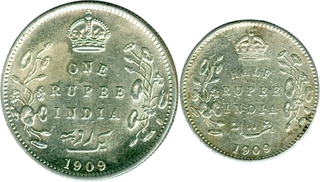 Silver One Rupee and Half Rupee of King Edward VII of 1909.