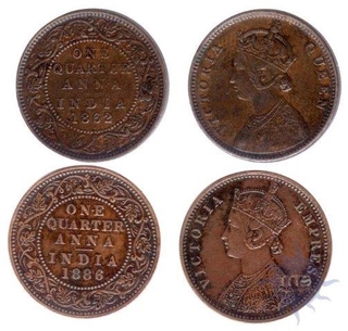 Copper One Quarter Anna of Victoria Queen of 1862-86.