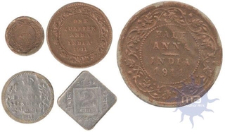 Copper One Twelve Anna One Fourth Anna Half Anna Silver Half Rupee  and Silver Two Annas of King George V of 1911-19.