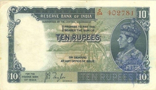 Ten Rupees Bank Note of King George VI Signed by J.B. Taylor of 1938.