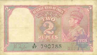 Two Rupees Bank Note of King George VI Signed by J.B. Taylor of 1943.