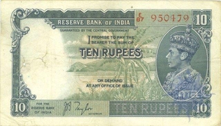 Ten Rupees Bank  Note of King George VI of Signed by J.B. Taylor of 1938.