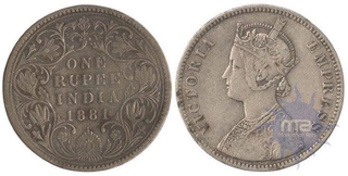 Silver One Rupee of Victoria Empress of Bombay and Calcutta Mint of 1881.