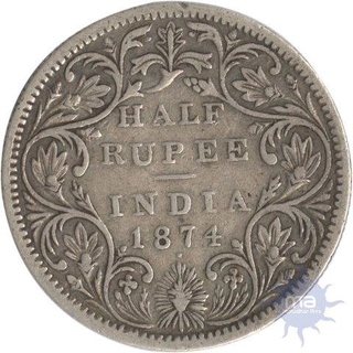 Silver Half Rupee of Victoria Queen of Bombay Mint of 1874.