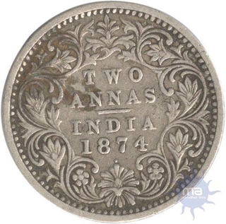 Silver Two Annas of Victoria Queen of Bombay Mint of 1874.